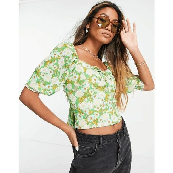 Topshop Chic Voluminous Sleeves Blouse Green Multi Size Medium - Picture 1 of 8